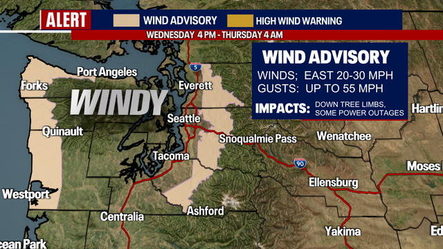 Seattle weather: Wind advisory for foothills, coast, and strait Wednesday evening