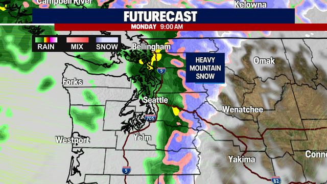 Monday's forecast: Heavy mountain snow, widespread rain, strong winds