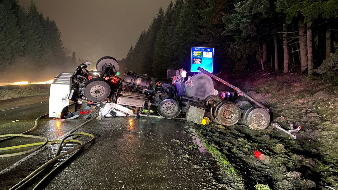 2 hospitalized after fuel tanker rolls over on I-5 in Lacey