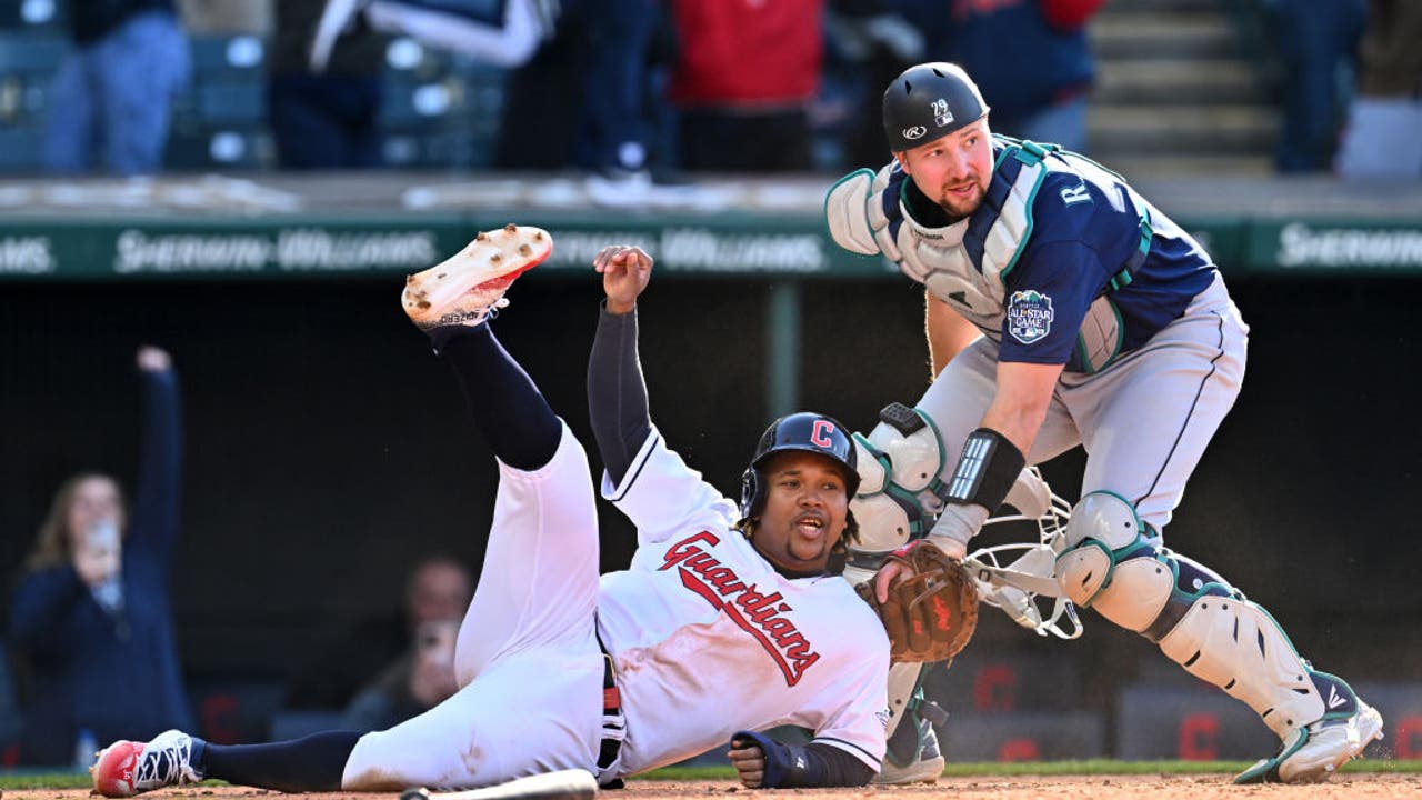 Cleveland Guardians' Josh Bell bats against the Seattle Mariners