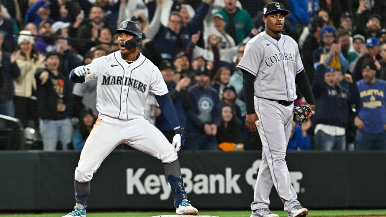 Julio Rodriguez of the Seattle Mariners reacts after hitting a double  News Photo - Getty Images