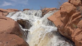 Rare desert waterfalls still flowing a month after record snowfall awakened them