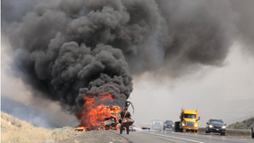 Brush fire closed I-90 west of Vantage Bridge, caused by burning semi-truck