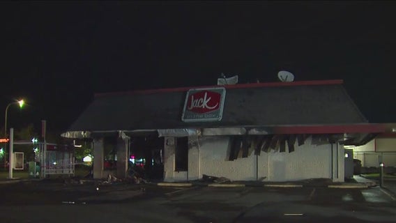 Crews extinguish fire after car crashes into Federal Way Jack in the Box