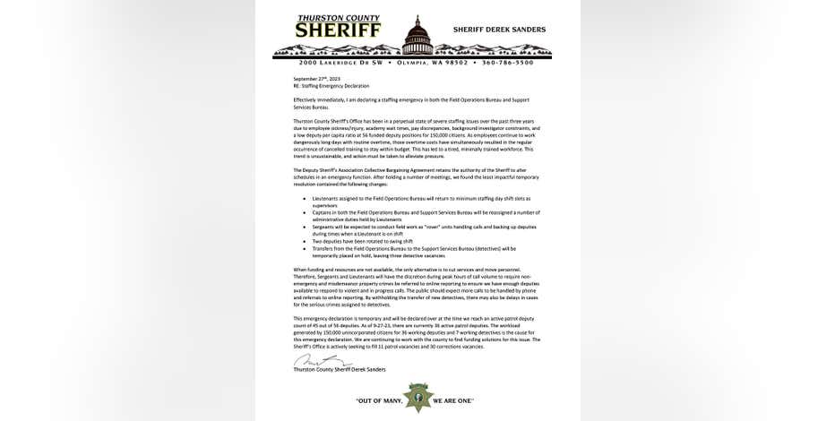We're just struggling with the manpower'; Thurston Co. Sheriff declares  staffing emergency