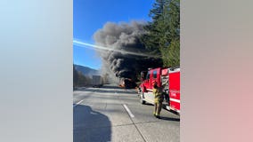 VIDEO: Bus catches fire on I-90 in Washington, 17 people escape unharmed