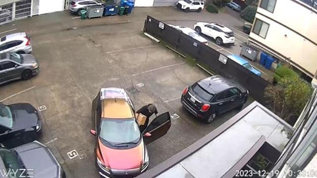 ‘It’s very identifiable:' Porch pirate’s colorful car caught on camera after theft