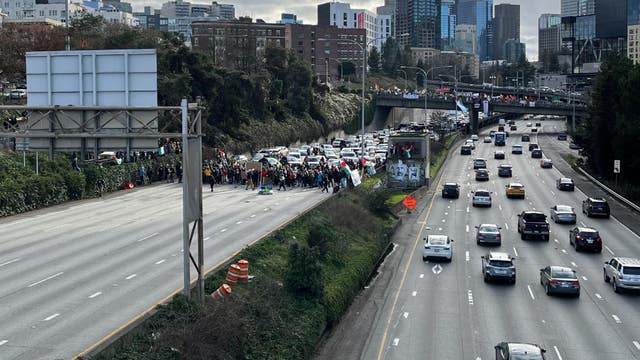 PHOTOS: Protesters block lanes on I-5 in Seattle, calling for ceasefire in Gaza