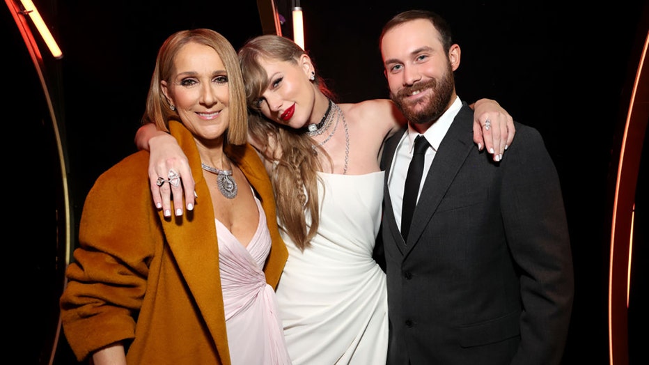 Céline Dion, Taylor Swift and Rene-Charles Angelil attend the 66th GRAMMY Awards at Crypto.com Arena on February 04, 2024 in Los Angeles, California. (Photo by Kevin Mazur/Getty Images for The Recording Academy)