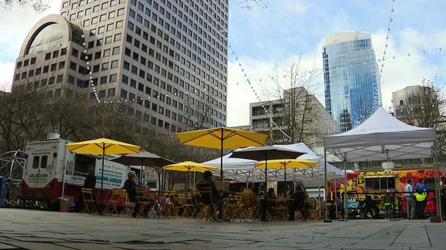 Food trucks lining Westlake Park this spring