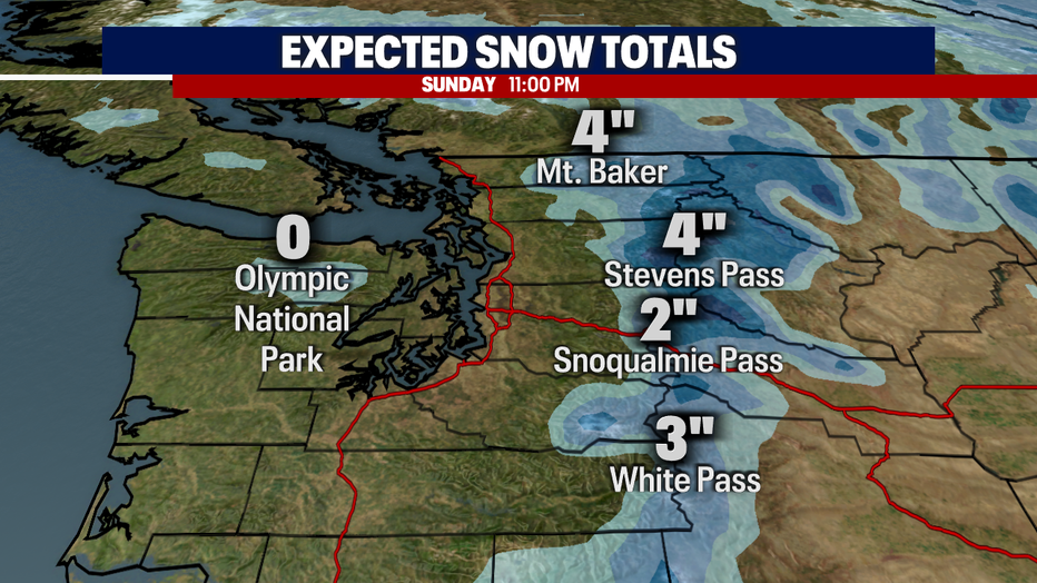 map shows several inches of snow forecast for cascades