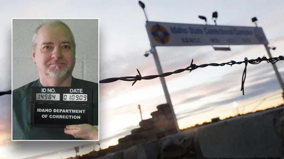 Inset: Mugshot of condemned murderer Thomas Creech. Background: The sun rises on the entrance to the Idaho State prison complex near Kuna, Idaho, Wednesday, Feb. 28, 2024. 