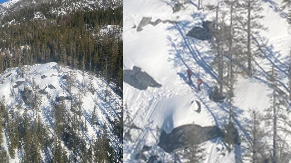 photo taken from helicopter showing snow-covered wilderness in the Enchantments. Two overdue hikers are seen from a distance.