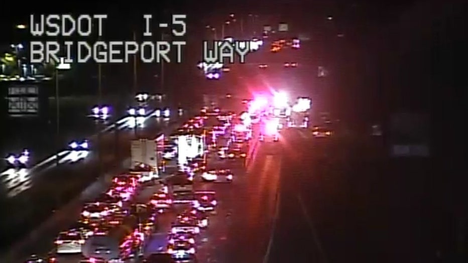 Photo of a traffic pileup on northbound I-5 in Lakewood caused by a deadly crash involving six cars.