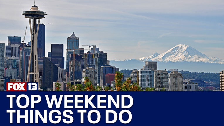 Photo of seattle skyline with graphic that reads "Top weekend things to do"