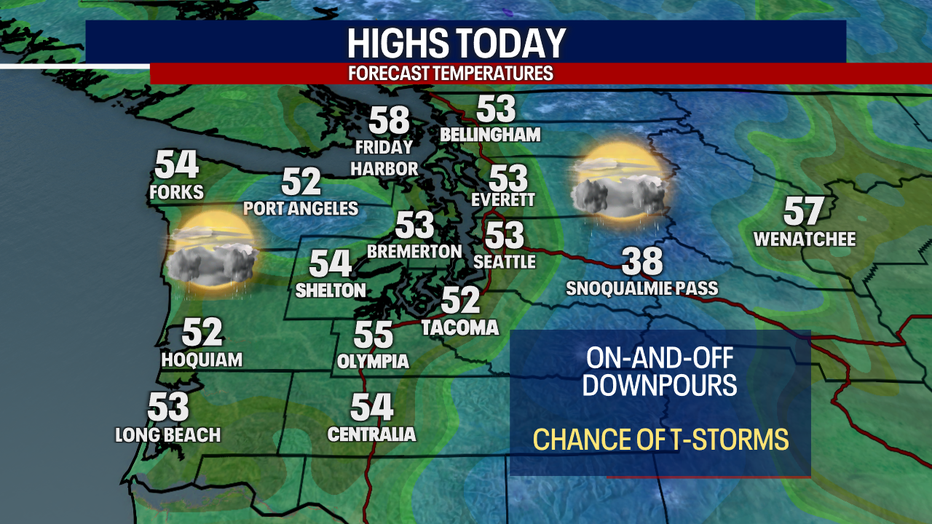 Map of Western Washington showing Monday's high temperatures.