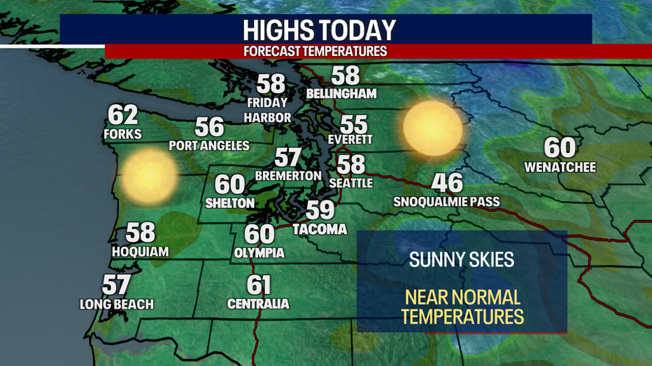 Forecasted high temperatures for Western Washington Wednesday.