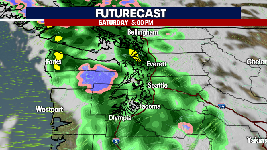 Futurecast showing rain hitting Western Washington Saturday evening.