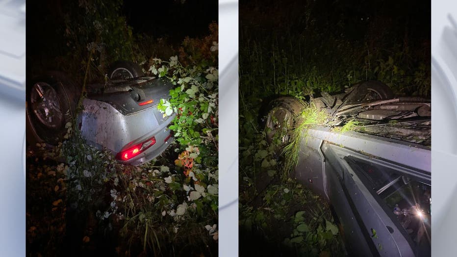 images of a car crashed and upside down