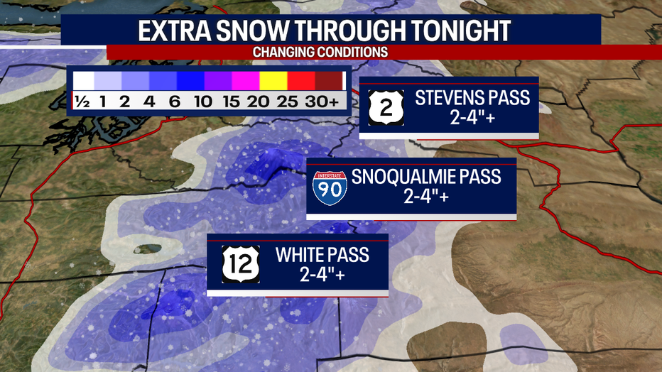 Map of snow expected at the passes through Tuesday morning.