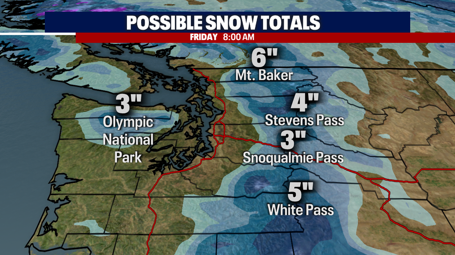 Forecasted snow totals in the mountains through Friday morning.