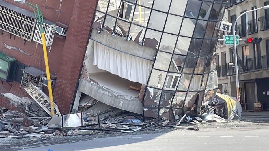 The Uranus Building at Xuanyuan Road is tilted severely after a magnitude 7.4 earthquake struck off Taiwans eastern coast on the Richter scale, in Hualien, Taiwan on April 3, 2024. (Photo by Hualien County Fire Department/Anadolu via Getty Images)