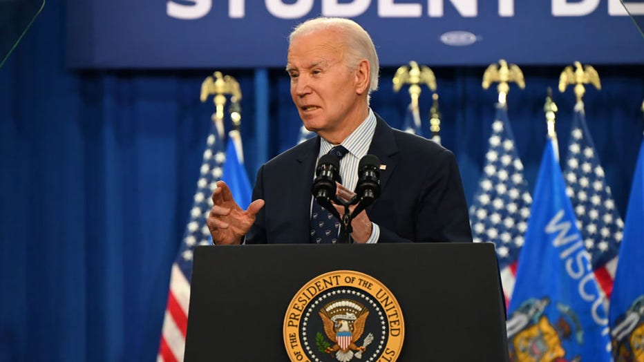 US President of the United States Joe Biden delivers remarks on student debt and lowering costs for Americans at Madison College in Madison, Wisconsin, United States on April 8, 2024. (Photo by Kyle Mazza/Anadolu via Getty Images)