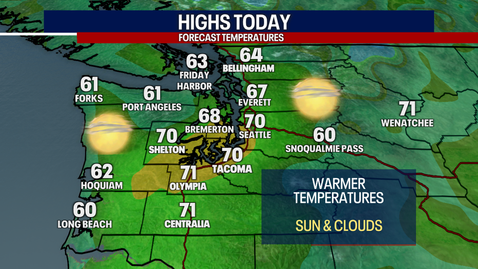 Map showing high temperatures for Tuesday in Western Washington.