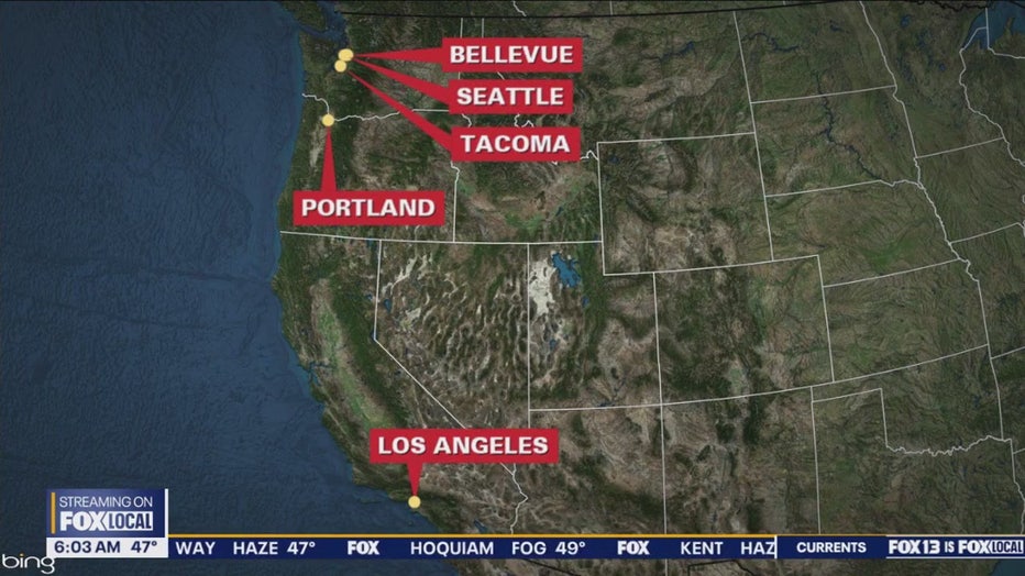 Map showing the cities that three women in an organized retail theft ring targeted; Bellevue, Washington, Seattle, Washington, Tacoma, Washington, Portland, Oregon and Los Angeles, California