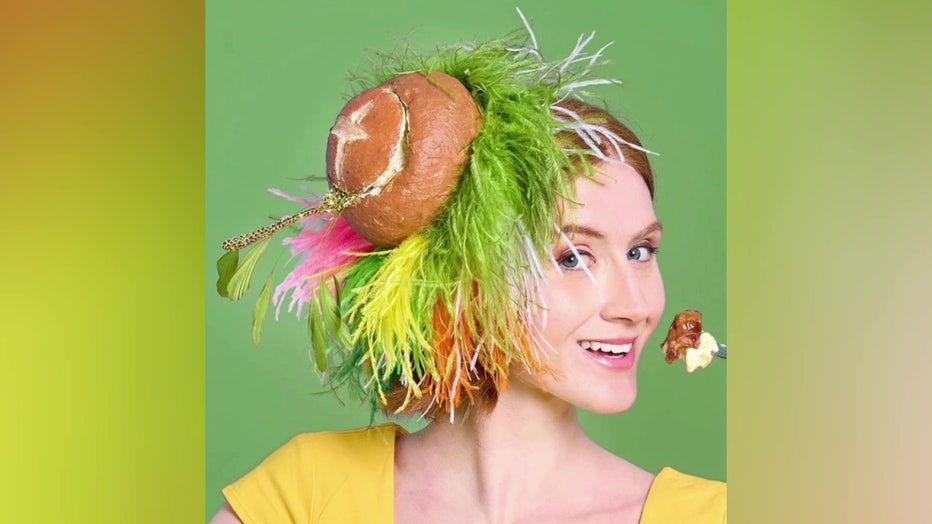 woman wearing bread hat