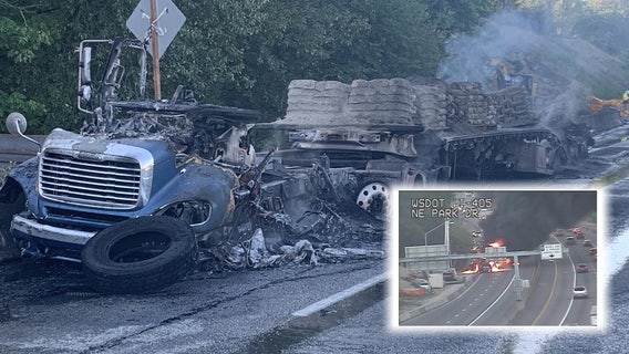 Semi-truck catches fire on I-405 North in Renton
