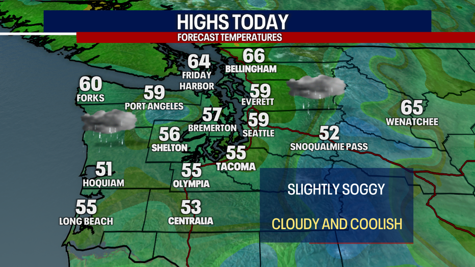 This map shows highs in the mid to upper 50s for Western Washington