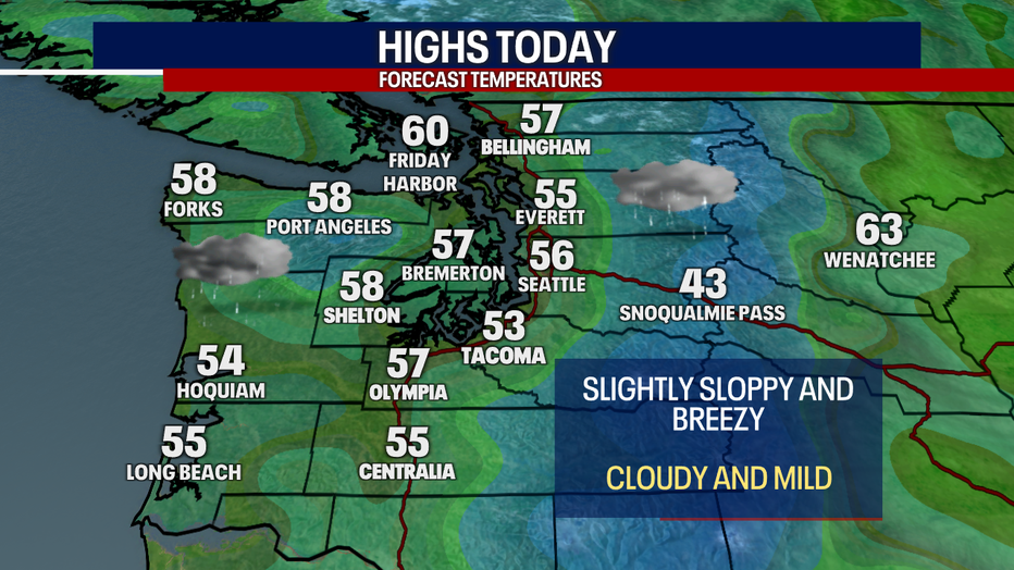 This graphics shows high temperatures in the 50s for Sunday in Western Washington.