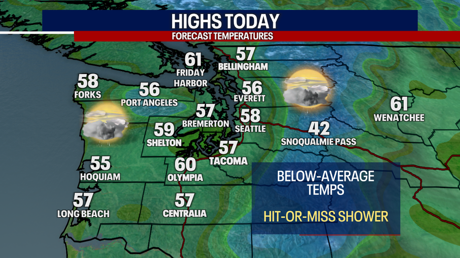 This map shows highs will reach the 50s for most in Western Washington.