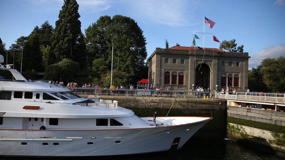 boat going through the big locks in ballard