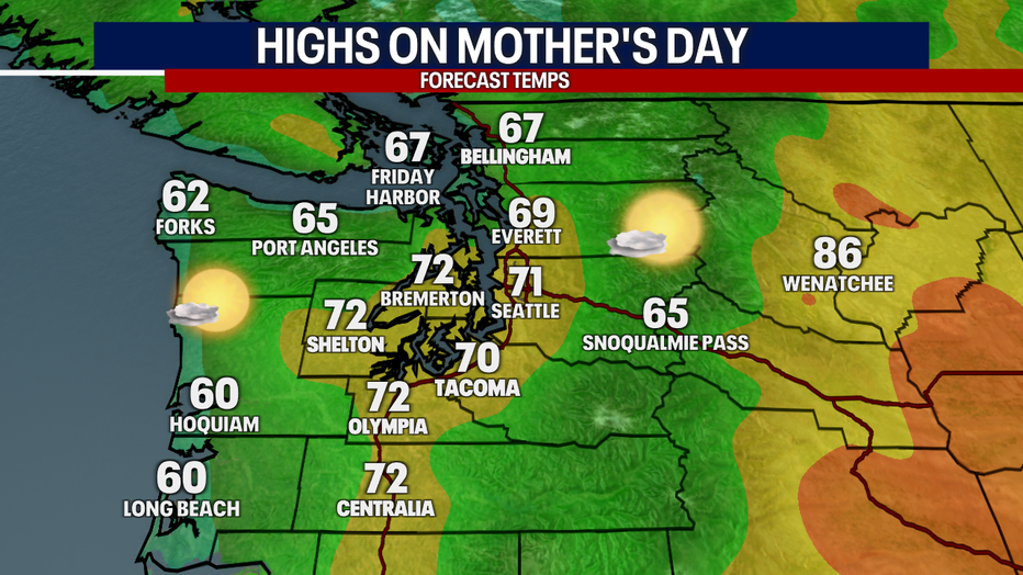 This map indicates that temperatures are forecast to reach the upper 60s to low 70s on Mother's Day.