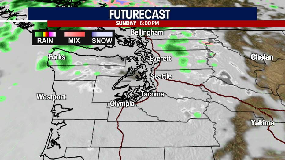 This map shows that far fewer showers are expected Sunday evening in Western Washington