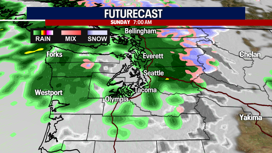 This map shows that rain is likely at 7 a.m. Sunday for most in Western Washington