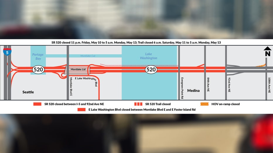 Map showing where the closures will take place on Seattle's SR-520 bridge over the weekend