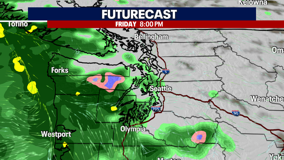 Map showing rain approaching the Puget Sound area Friday night.