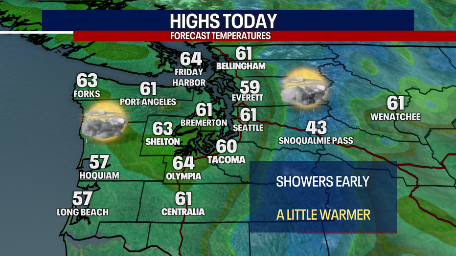 This map shows that highs reach the 60s today.