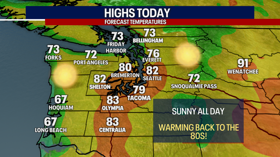 This map shows that highs will reach the low 80s for many places in Central and South Puget Sound