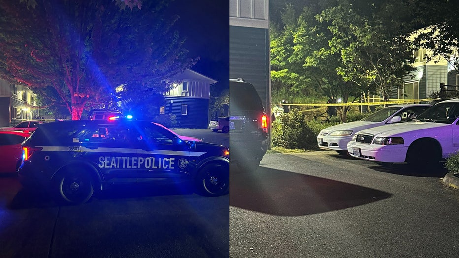 two side by side photos showing seattle police cars and caution tape at the scene of a shooting. Multiple officers are scene investigating the overnight scene with flashlights. Bullet holes can be seen on the side of the building that was targeted in the shooting.