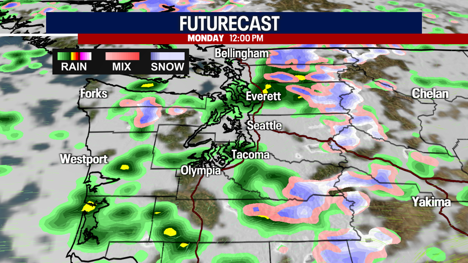 This map shows that scattered rain is forecast for Western Washington at noon Monday.