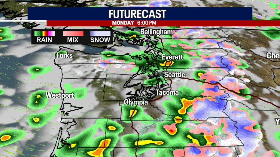 This map shows that scattered rain is in the forecast for Seattle tonight. 