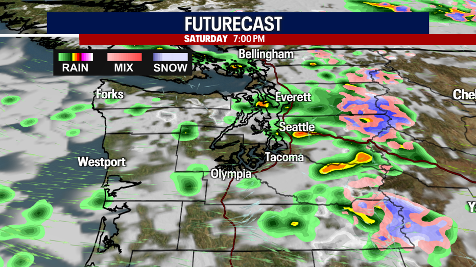 Damp and breezy weather could persist Saturday night in Seattle.