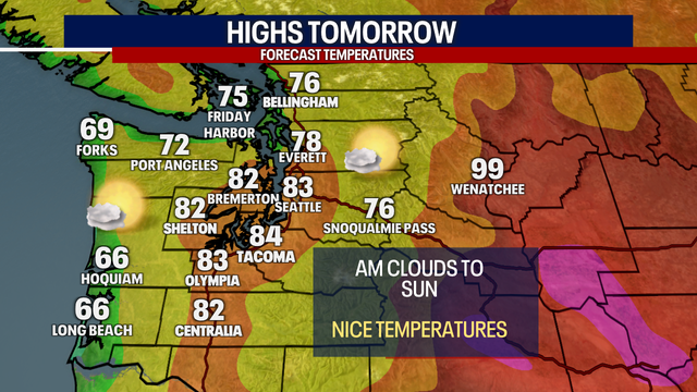 Seattle Weather: Morning clouds to sunshine with low 80s Monday