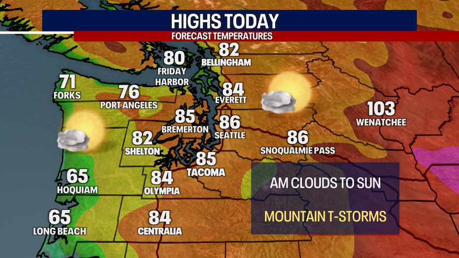 A map showing the high temperatures forecast for Wednesday in Western Washington