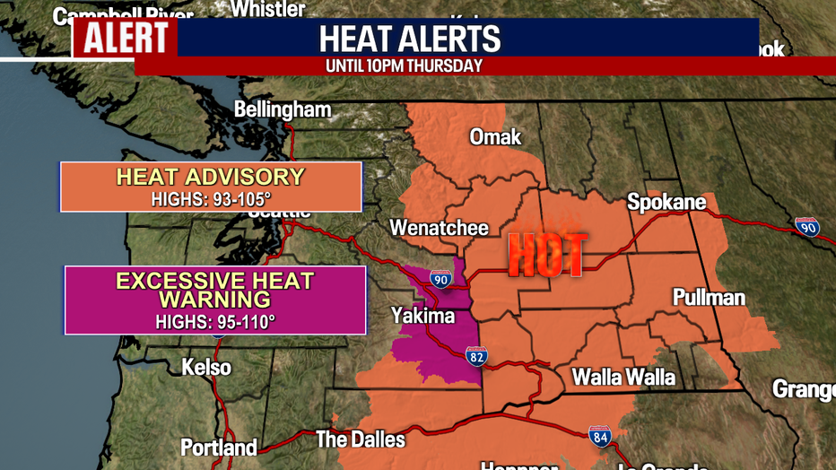 A map showing areas where heat alerts are issued Wednesday.