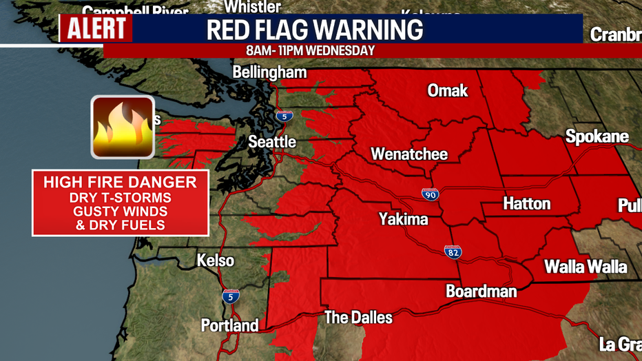 A map showing the locations where a Red Flag Warning has been issued in Washington State.